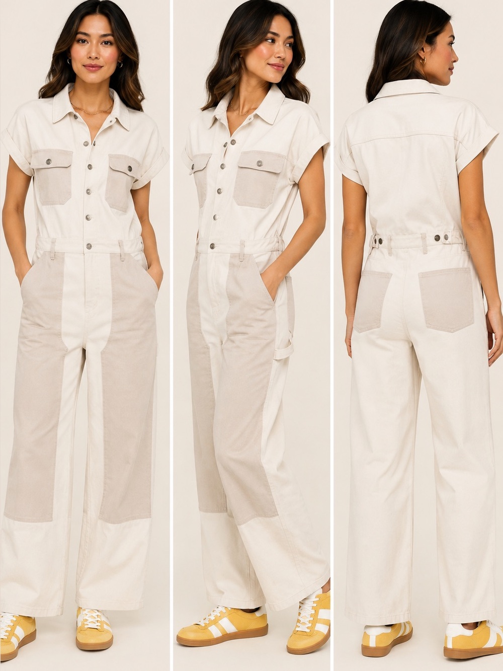 Woolrich Women’s Two Tone Utility Jumpsuit Cream Beige Short Sleeve NWT
